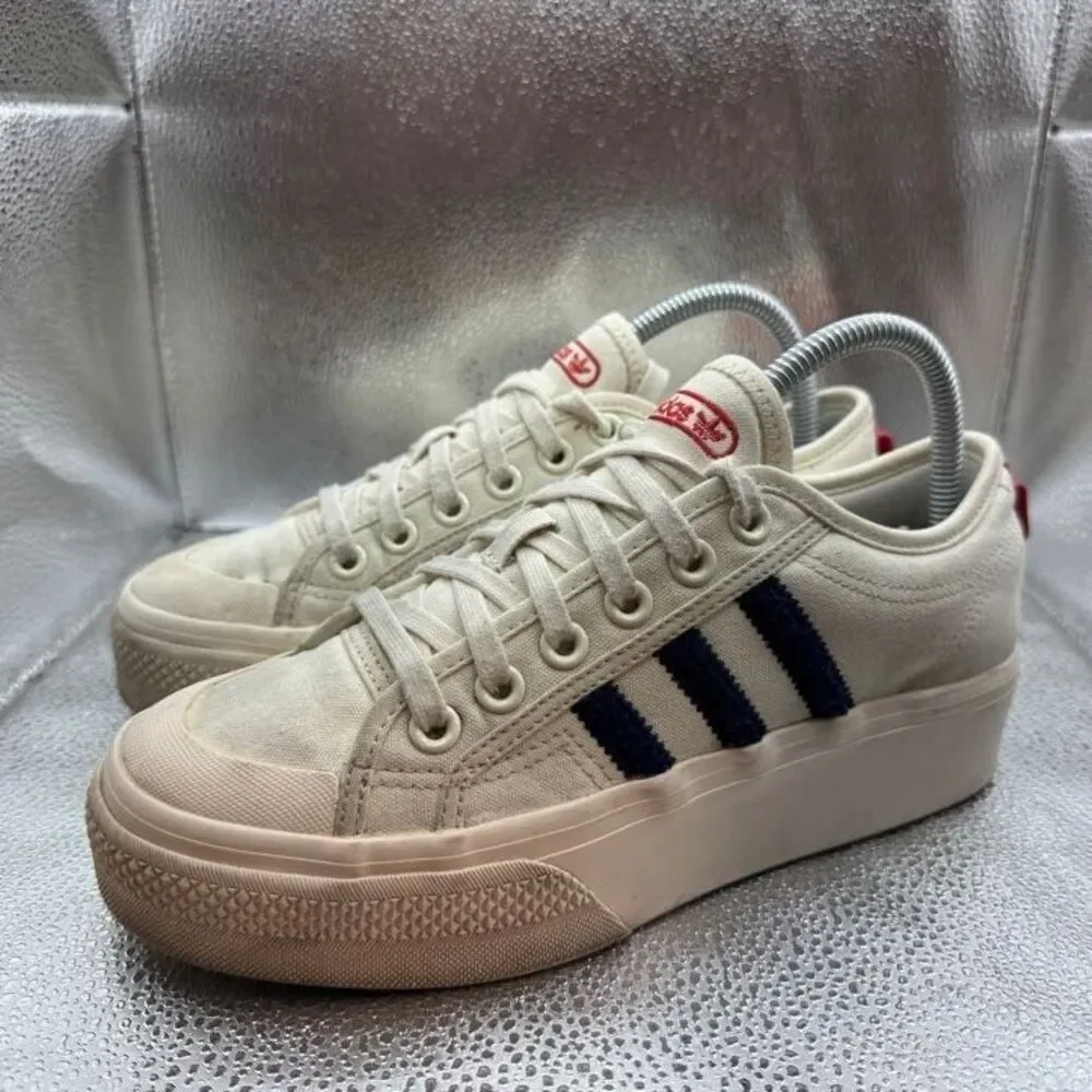 adidas Women's Cream Platform Sneakers with Navy Stripes and Red Logo